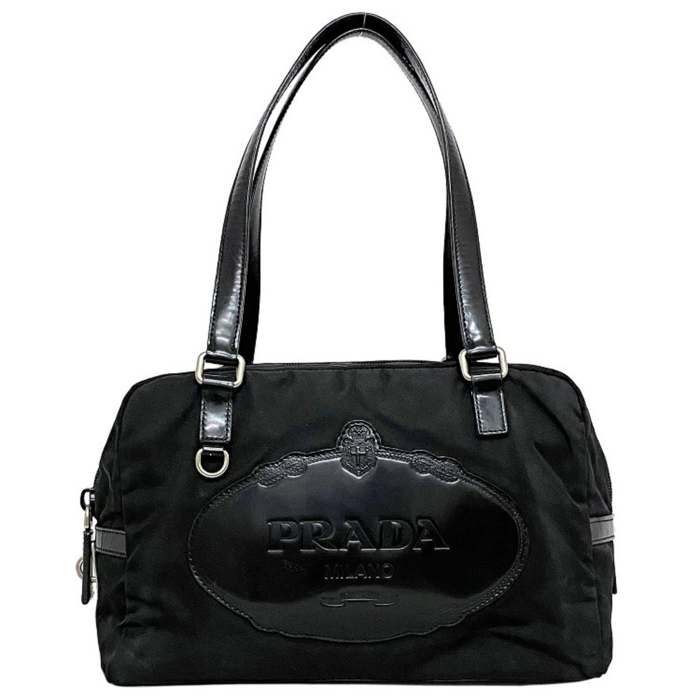 Prada Boston Bag Black Silver Handbag Leather Logo Zipper Shoulder Female